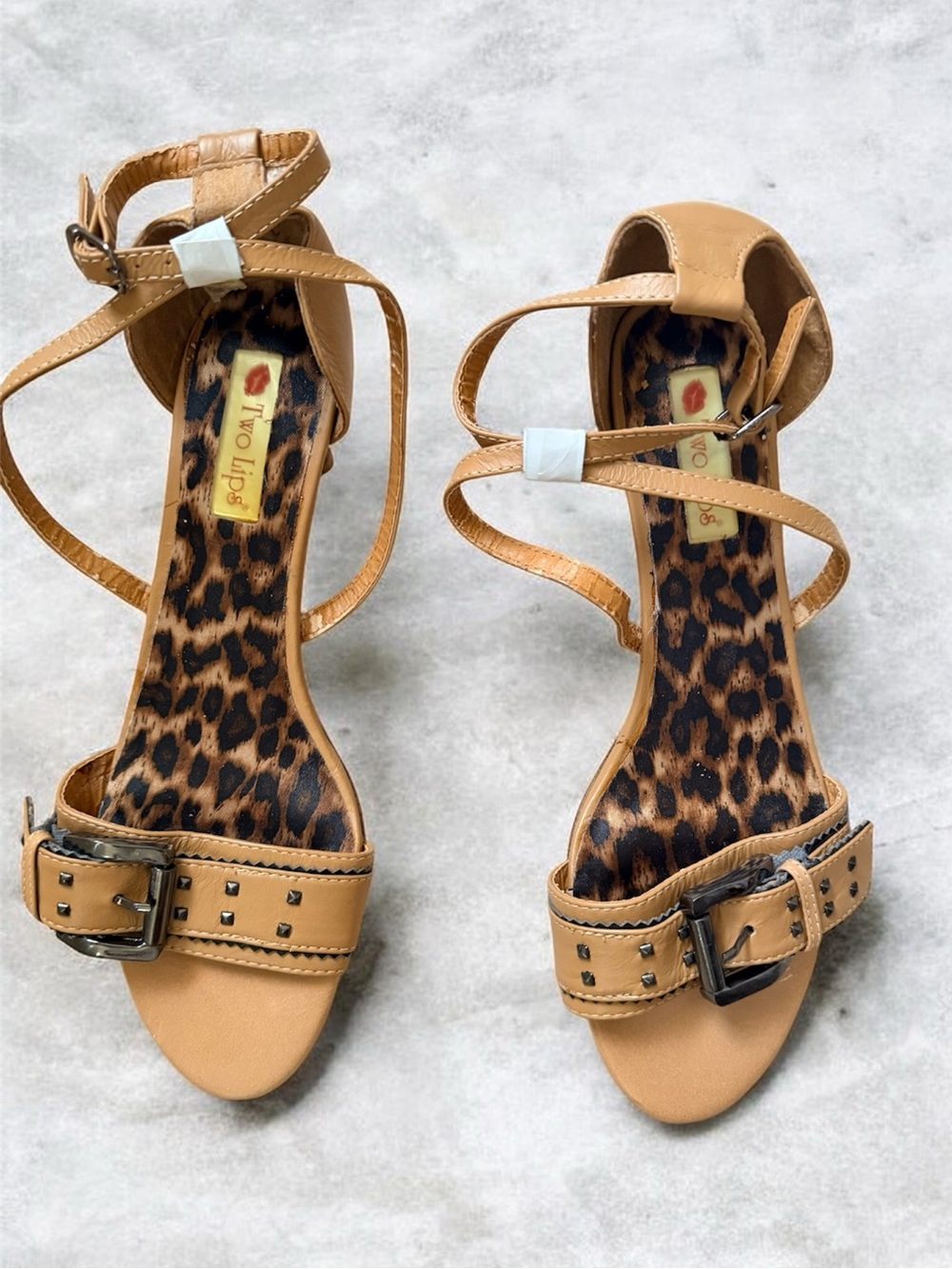 Two Lips Tan Strappy Heeled Sandals with Leopard Insole